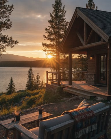 Rustic cabin with deck overlooking mountain lake at sunset, pine trees surrounding property.