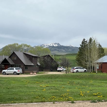 Rustic log cabins with metal roofs on grassy grounds, snow-capped mountain in background, parked vehicles and birch trees visible.