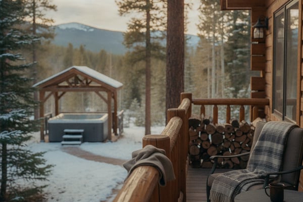 Wooden deck with chairs and blankets overlooking snowy forest, hot tub shelter, and distant mountains