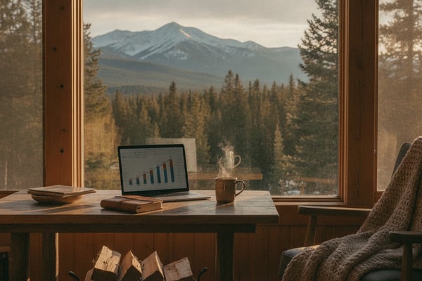 Cabin workspace with laptop and coffee mug overlooking forested mountain valley and snow-capped peak