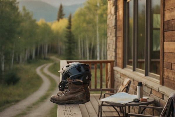 Hiking boot and helmet on wooden deck railing, mountain forest and cabin in background