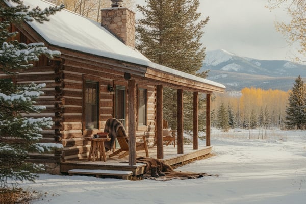 Rustic log cabin with stone chimney and covered porch in snowy mountain valley landscape.