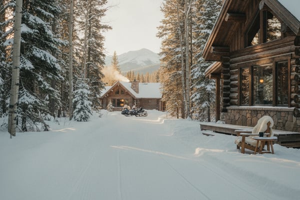 Snowy mountain clearing with log cabins surrounded by evergreen and aspen trees, mountains visible in distance