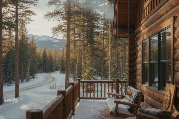 Log cabin deck with wooden railing and chairs overlooking snowy forest road and mountains