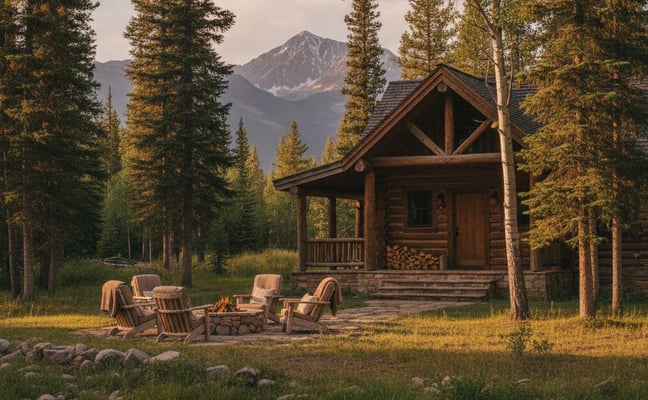 Rustic log cabin with front porch surrounded by tall pine and aspen trees, firepit with Adirondack chairs in foreground, mountain peak visible in distance